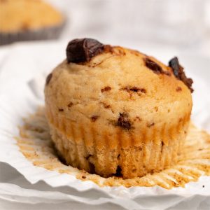 a single muffin with chocolate chips through on white paper