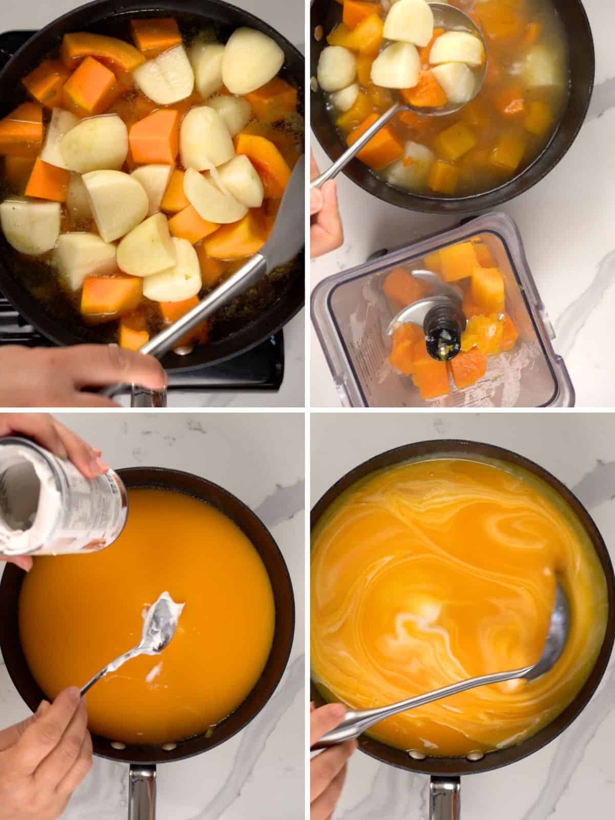 a collage showing cooking butternut squash and potato chunks, then pureeing them in a blender and adding coconut milk to the soup