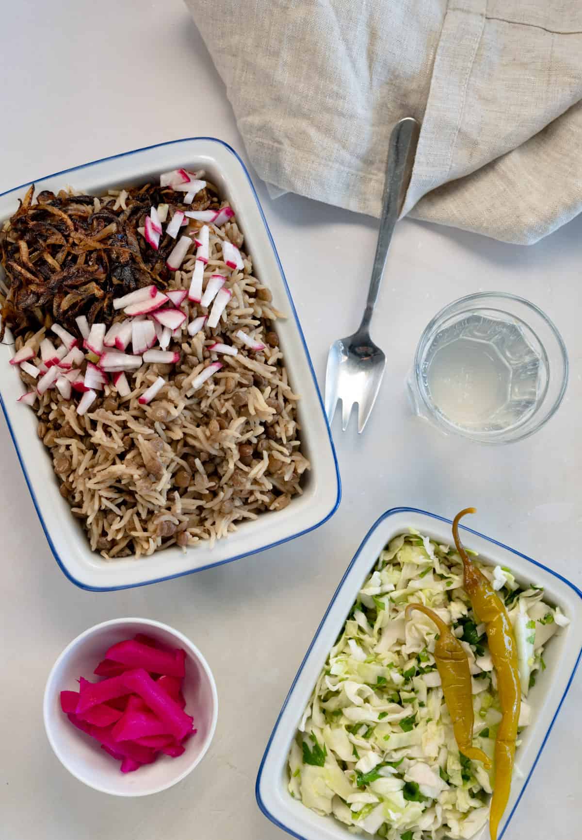 mujadara topped with caramelized onions, chopped radish and a side of salad in white plates