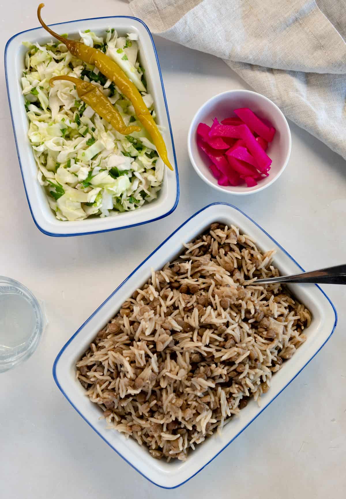 lentils and rice in a rectangular plate with a side of cabbage salad