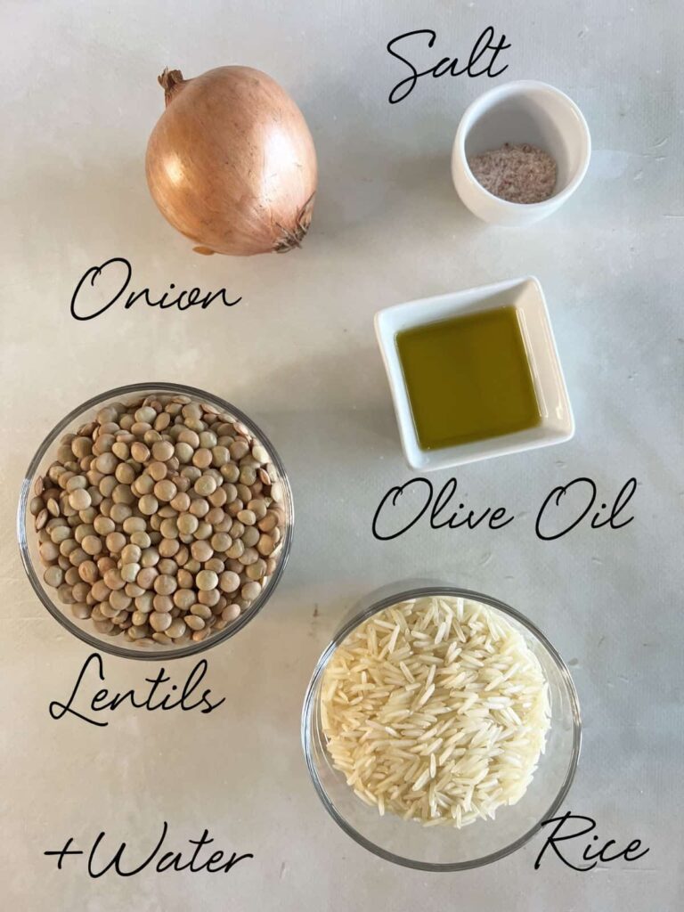 onion, salt, olive oil, rice and brown lentils in bowls on a white table