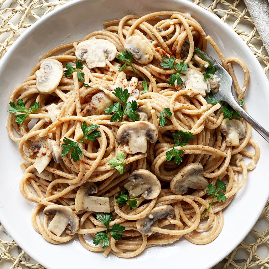 Mushroom Spaghetti in a bowl