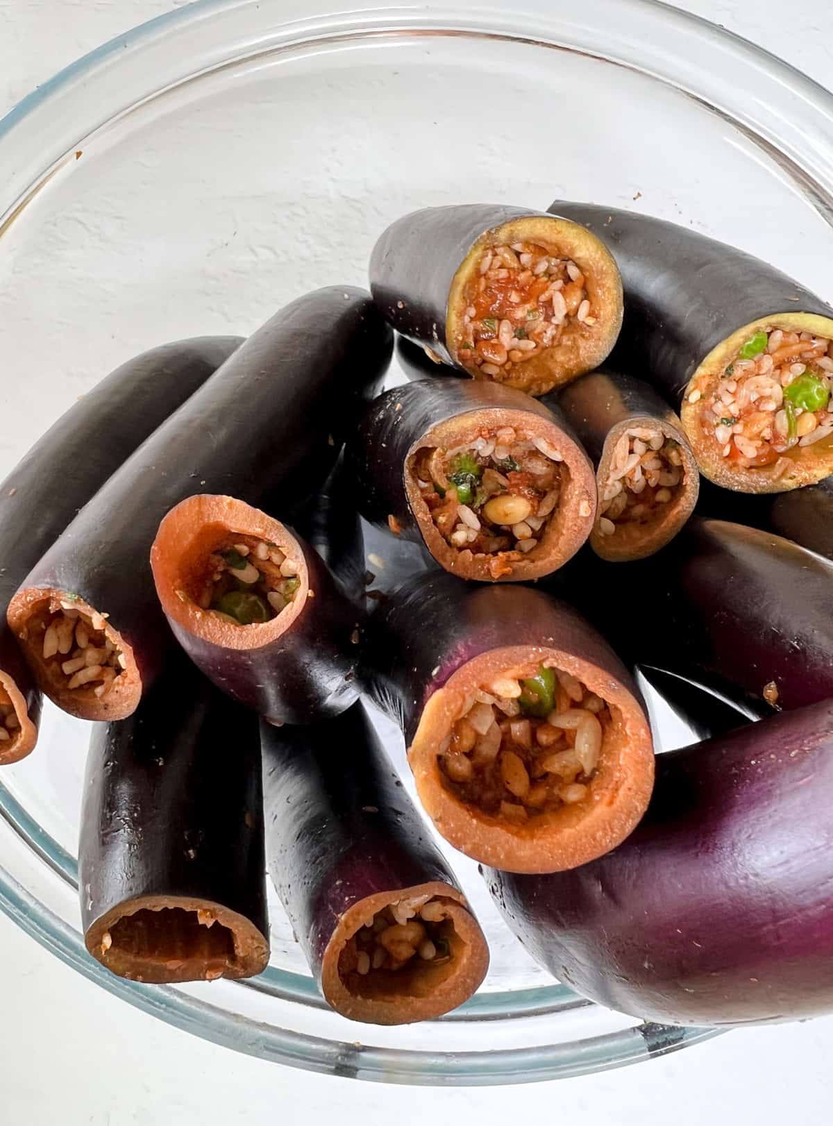 long eggplants stuffed with rice and vegetables