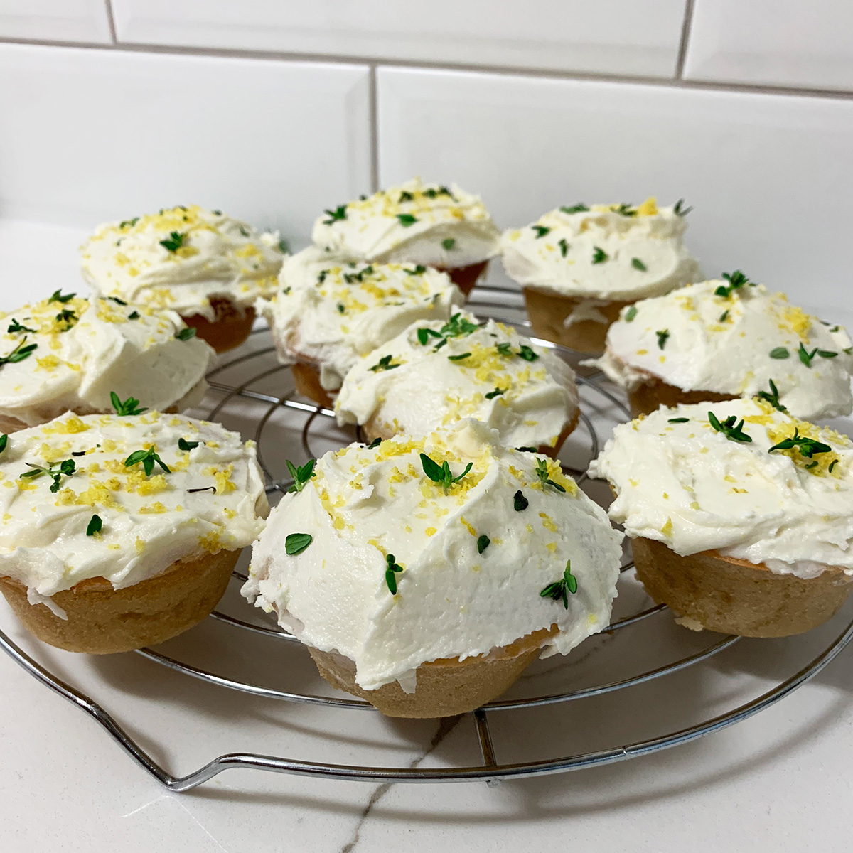 lemon and thyme cake made into cupcakes