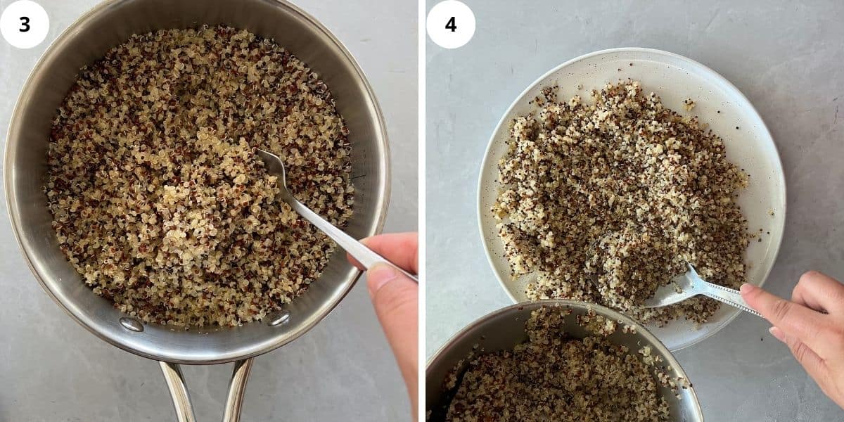 fluffing and plating quinoa to cool down