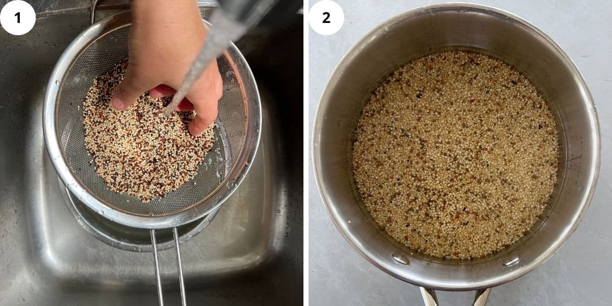 a female hand washing quinoa and a pot of uncooked quinoa submerged in water