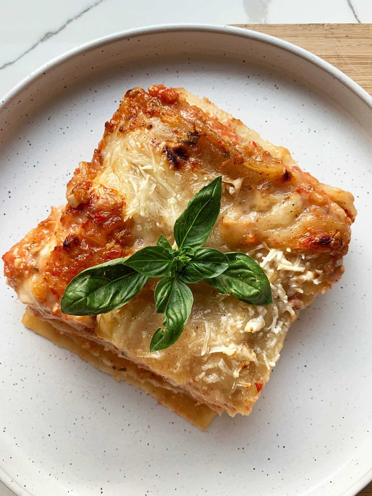 top down view of a piece of lasagna
