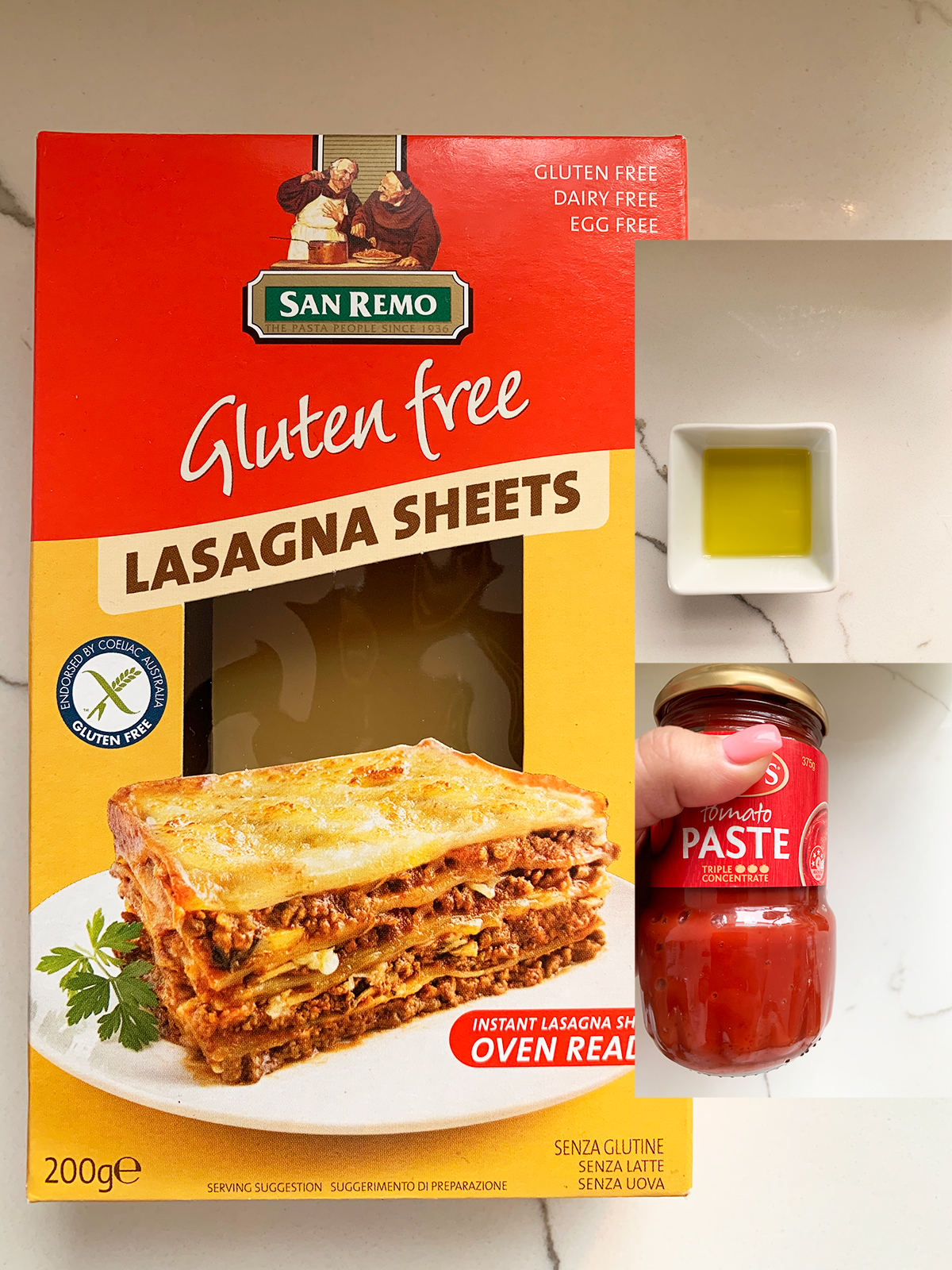 Olive oil, tomato paste and gluten free pasta sheets