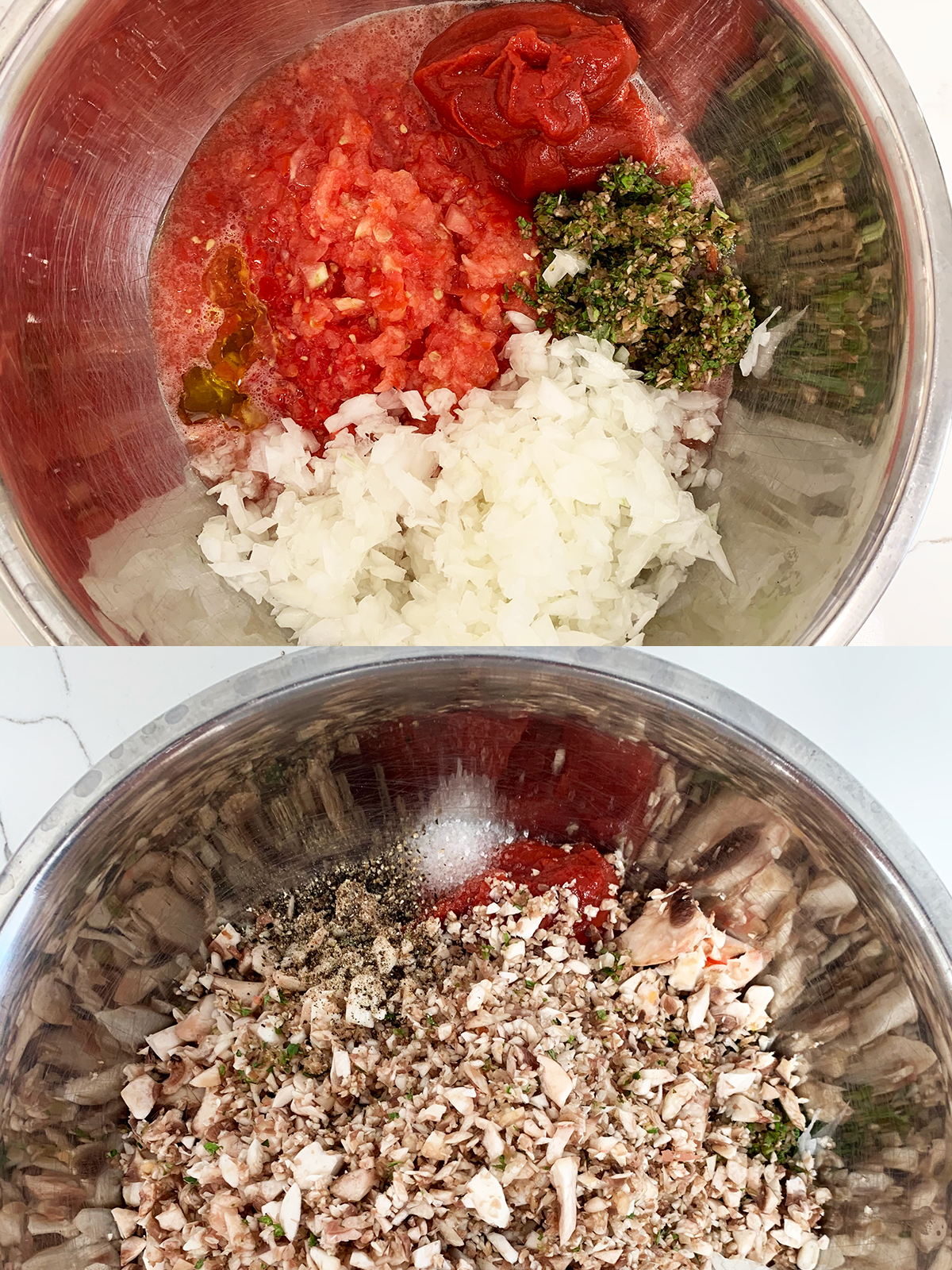 Diced mushroom, onion, tomato, tomato paste, basil, seasoning and oil ready to be mixed