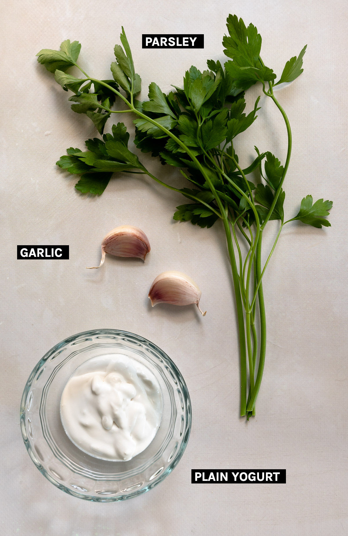 parsley, garlic and plain yogurt laid out