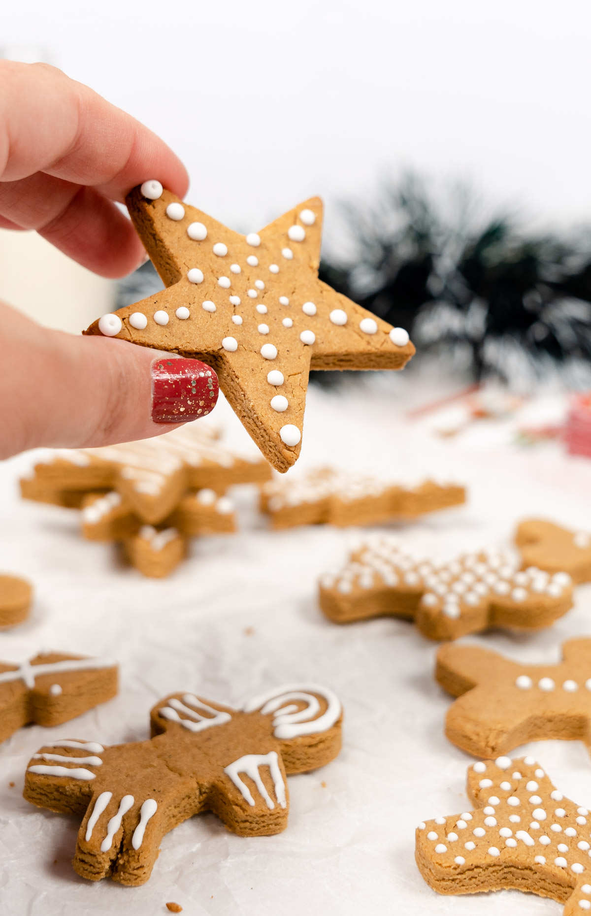 female hand holding a vegan gingerbread star cookie