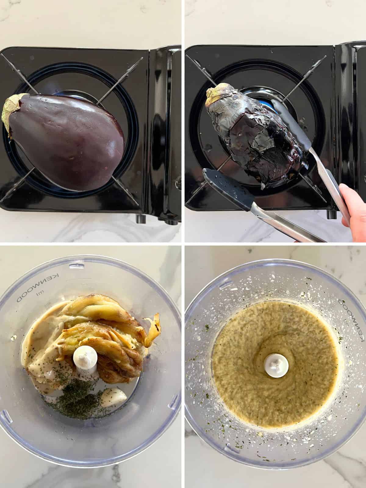 process photos for roasting a whole eggplant and then turning it into a dip