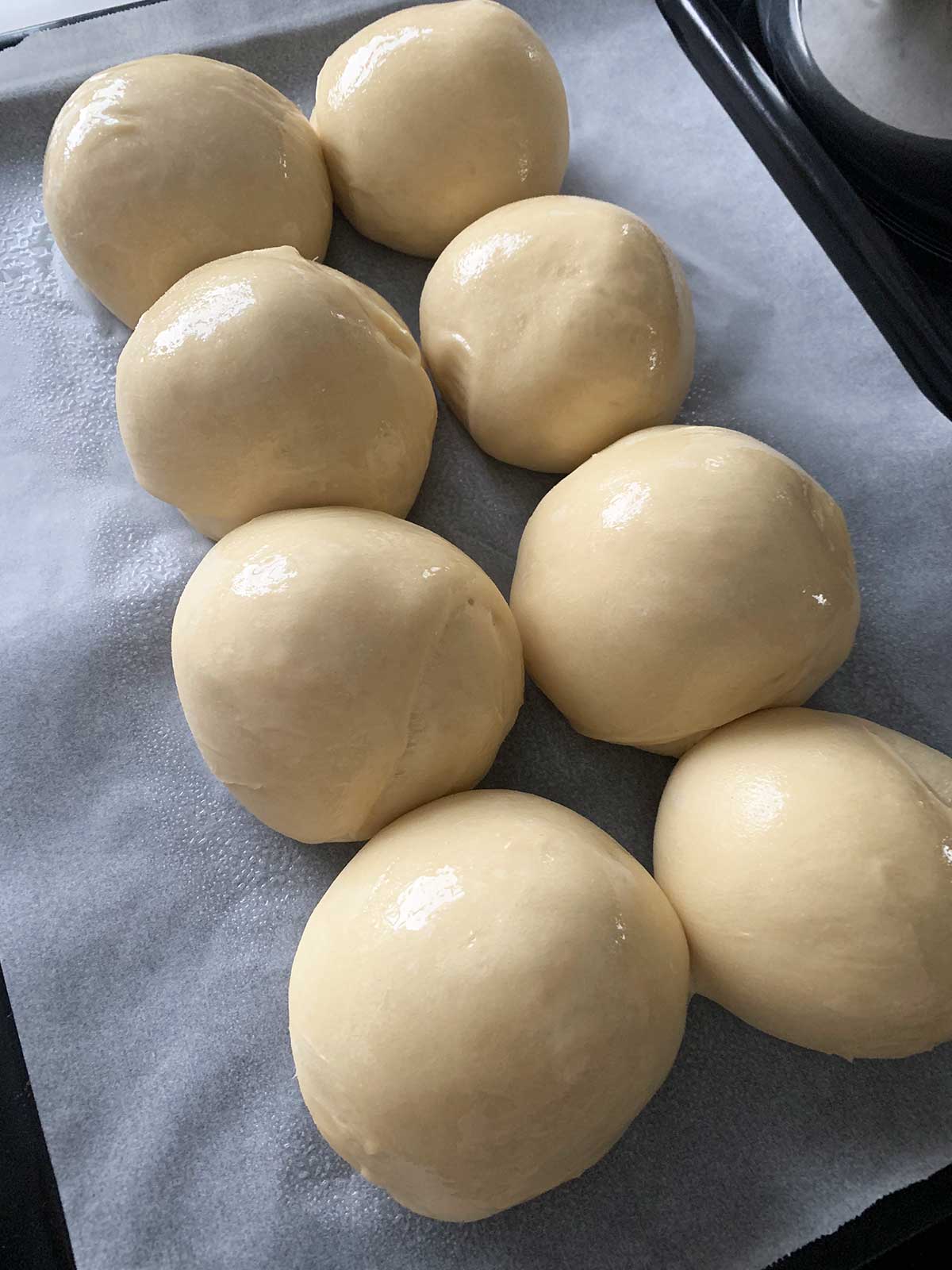 Dough balls coated in coconut oil ready to bake into dinner rolls
