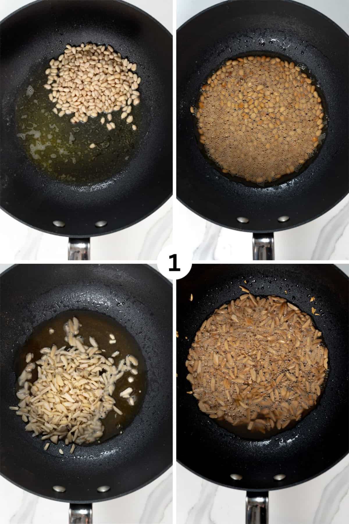 four images of a black pot frying nuts