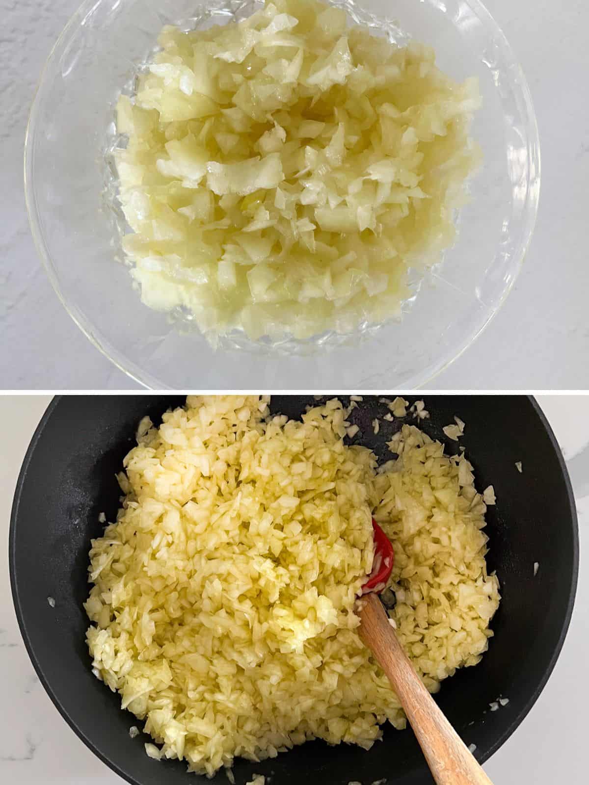 finely chopped onions in a bowl and a pot with olive oil