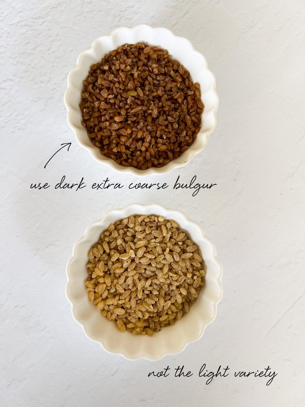 two white bowls one with dark extra coarse bulgur and the other with a lighter extra coarse bulgur