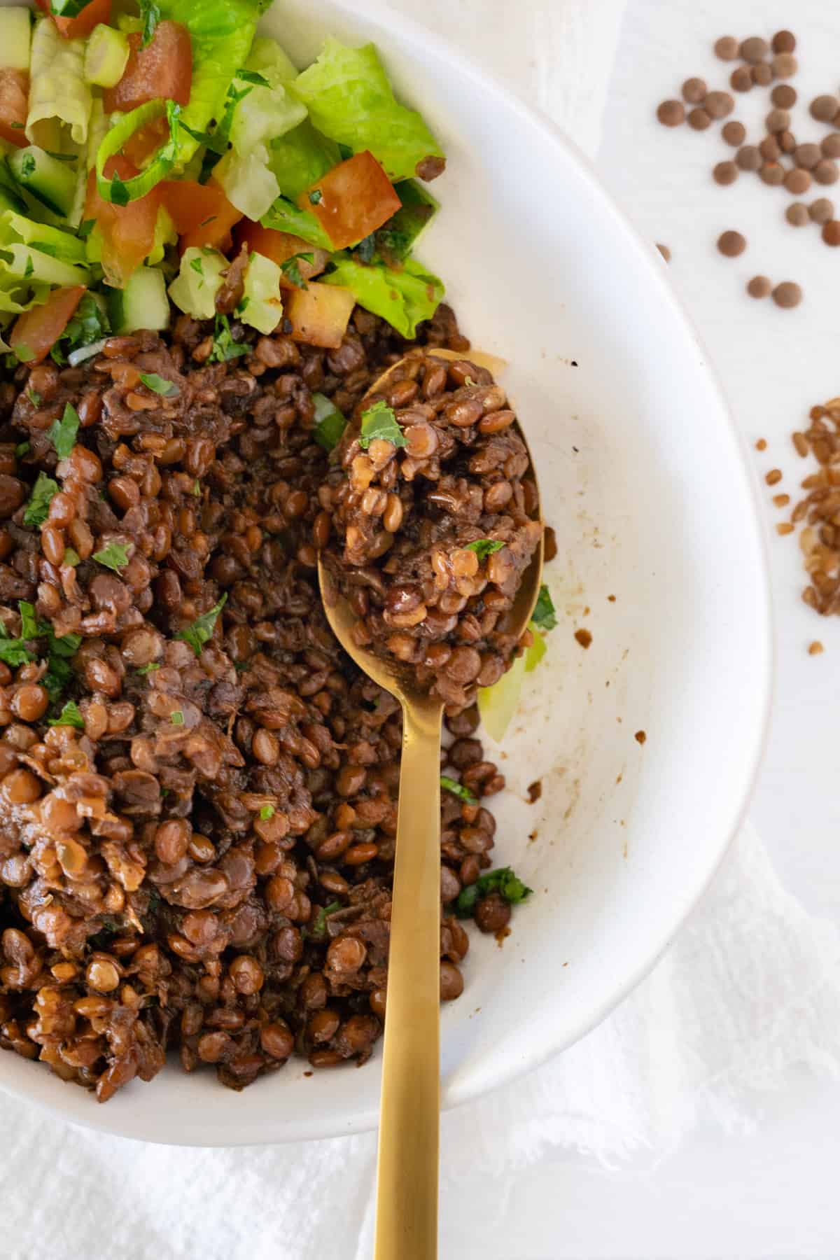 a spoonful of cooked lentils and bulgur called mujadara hamra in a bowl