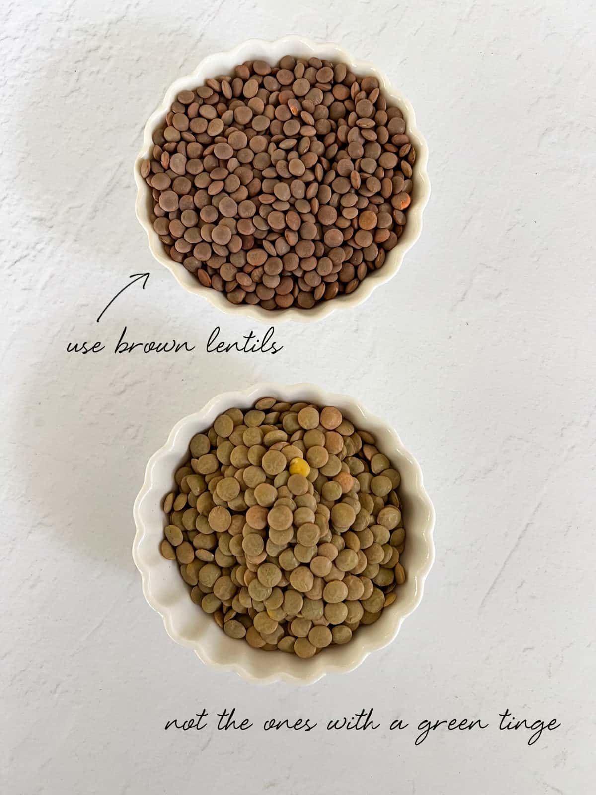 two bowls filled with either brown lentils or green lentils