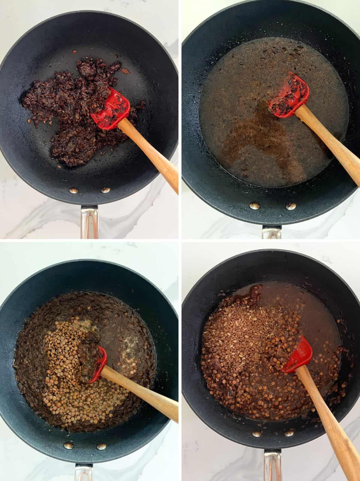 four images showing how to make mujadara hamra in a pot, simmering onion, lentils and bulgur