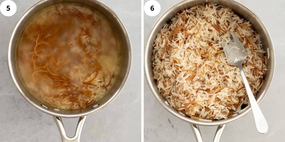 cooking white rice and caramelized vermicelli noodle in a pot and then a cooked version next to it