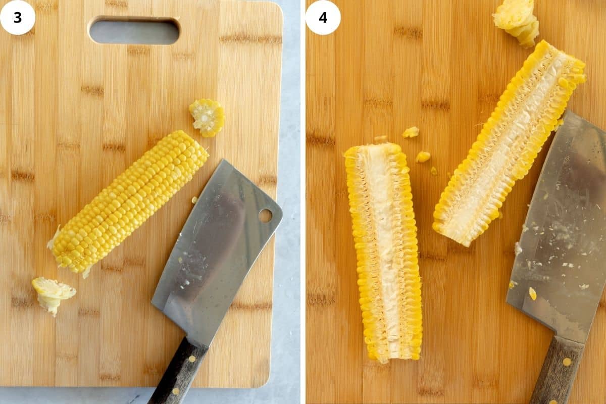 trimming the corn and cutting in half lengthways
