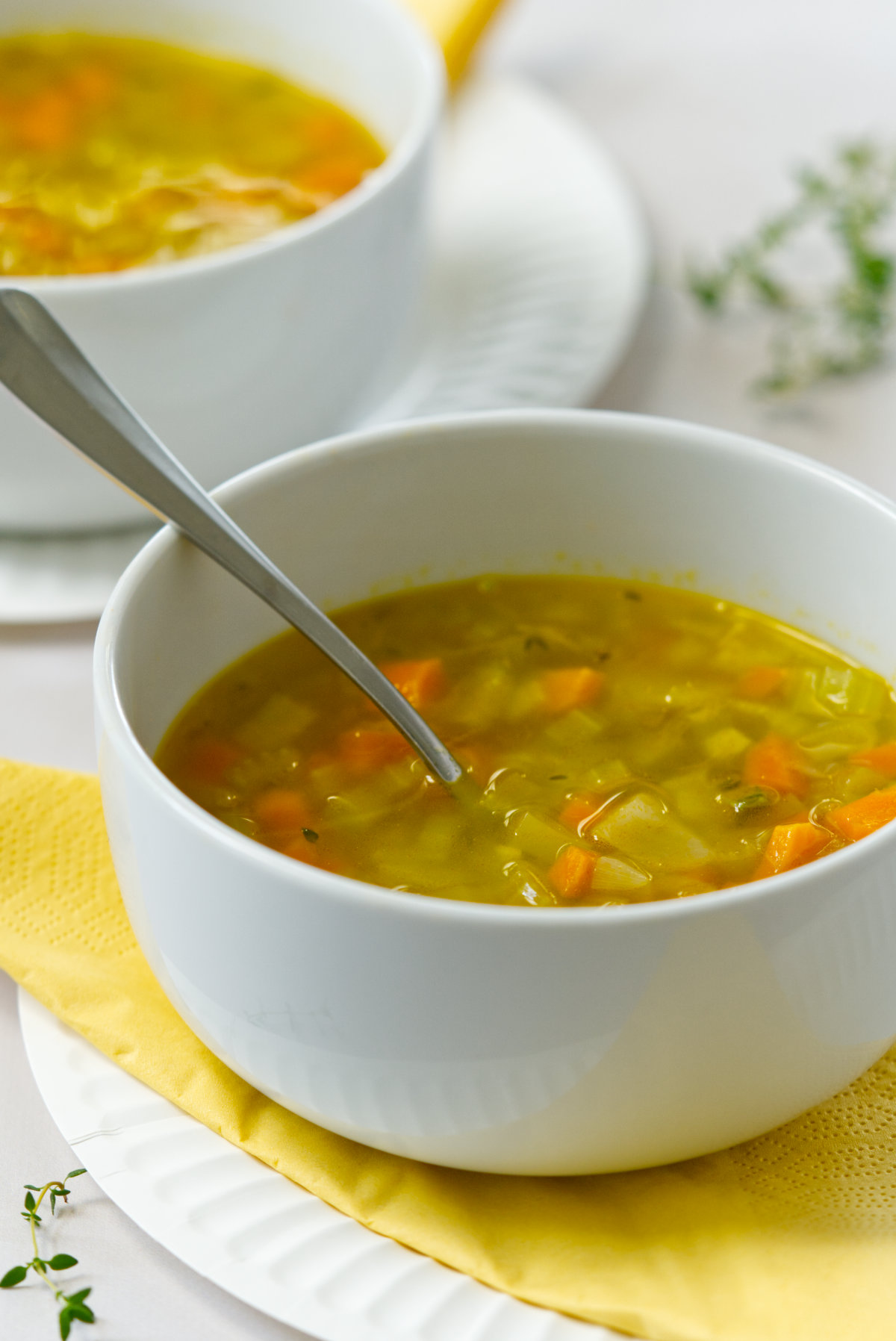 carrot and celery soup in a white bowl side view