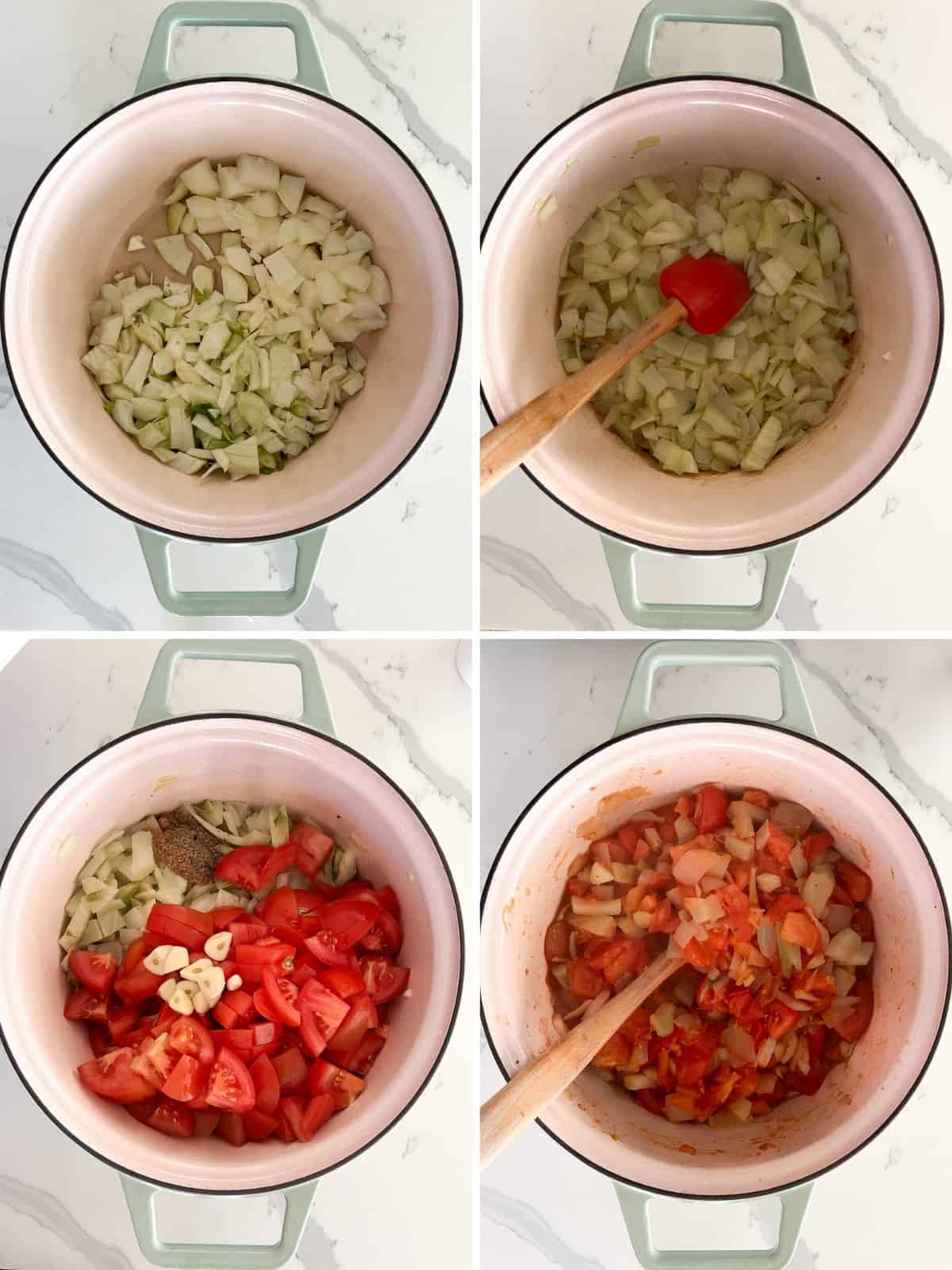  collage of sweating onions and tomatoes in a dutch oven