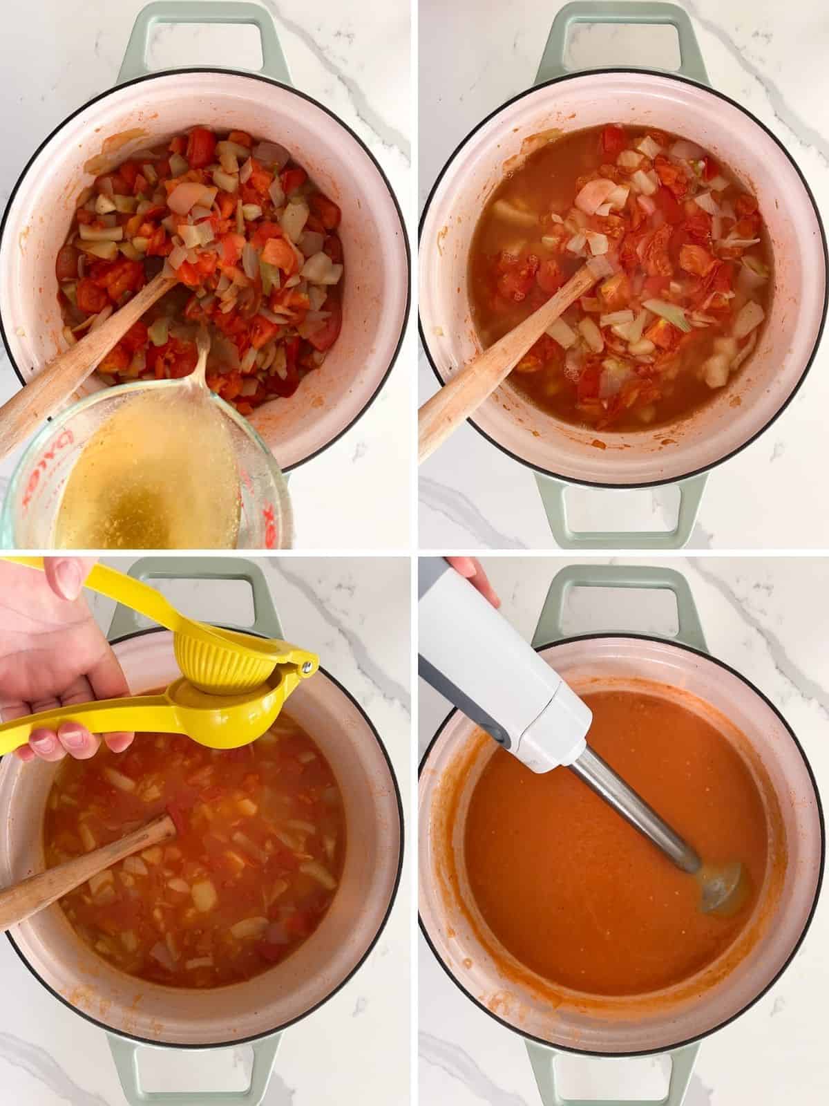  collage of adding vegetable stock to softened tomatoes and onion and then blending them with an immersion blender