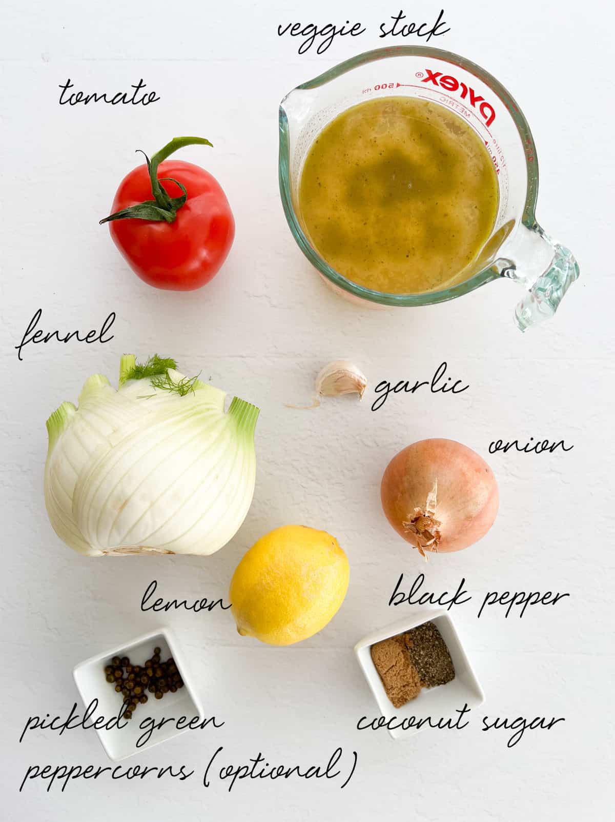 a tomato, fennel, garlic, onion, veggie stock, pepper, coconut sugar and lemon laid out