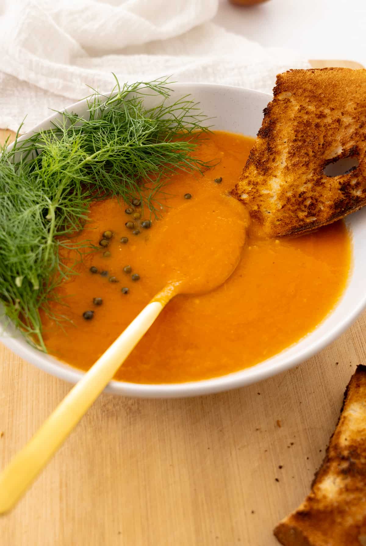 a gold spoon in a bowlful of tomato fennel soup