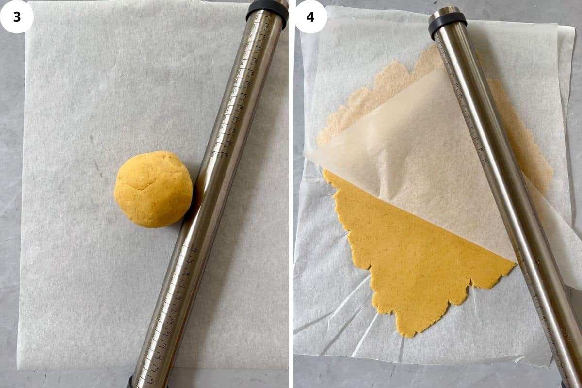 a rolling pin next to a chickpea flour dough ball and rolled out dough