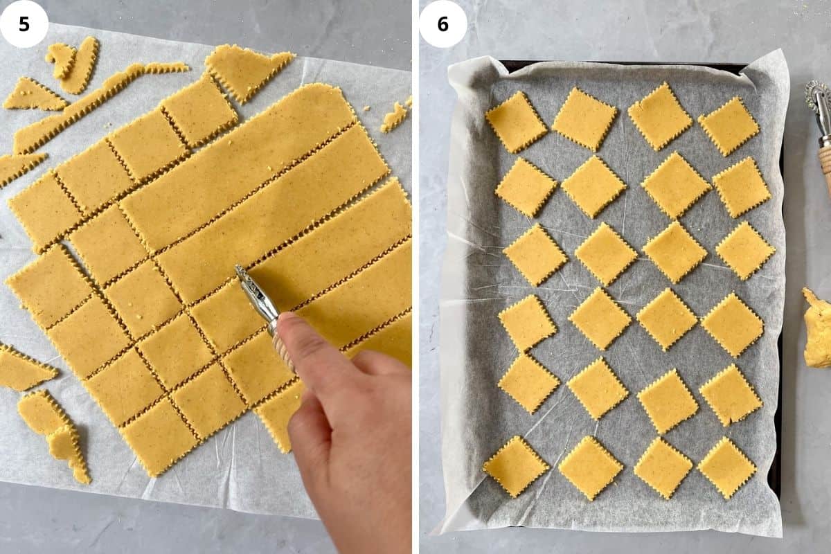 a hand cutting rolled out dough into cracker sized pieces