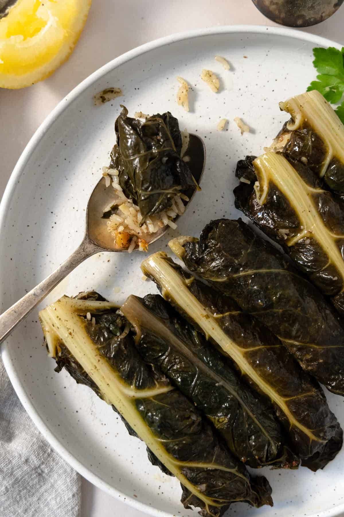 stuffed silverbeet rolls on a white plate with a spoon