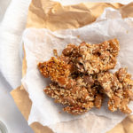 vegan crunchy nuts clusters on white and brown paper