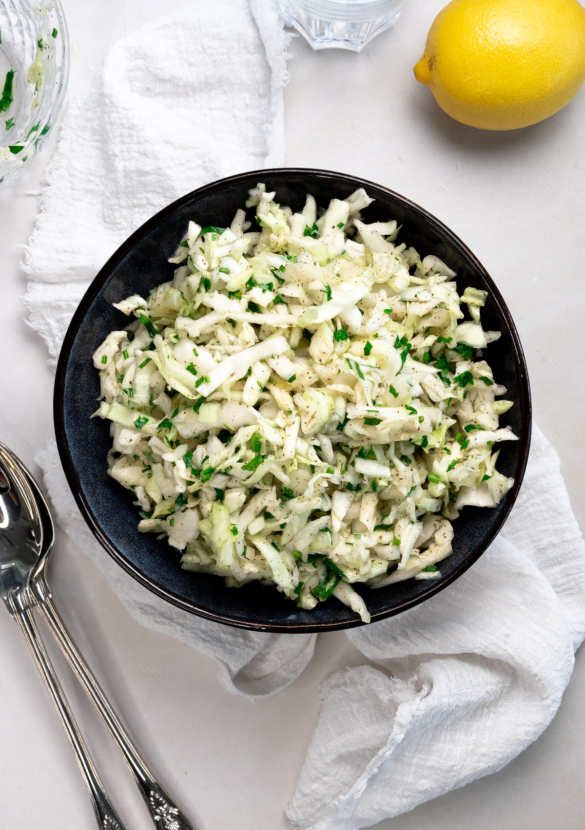 a blue bowl of Malfouf salad