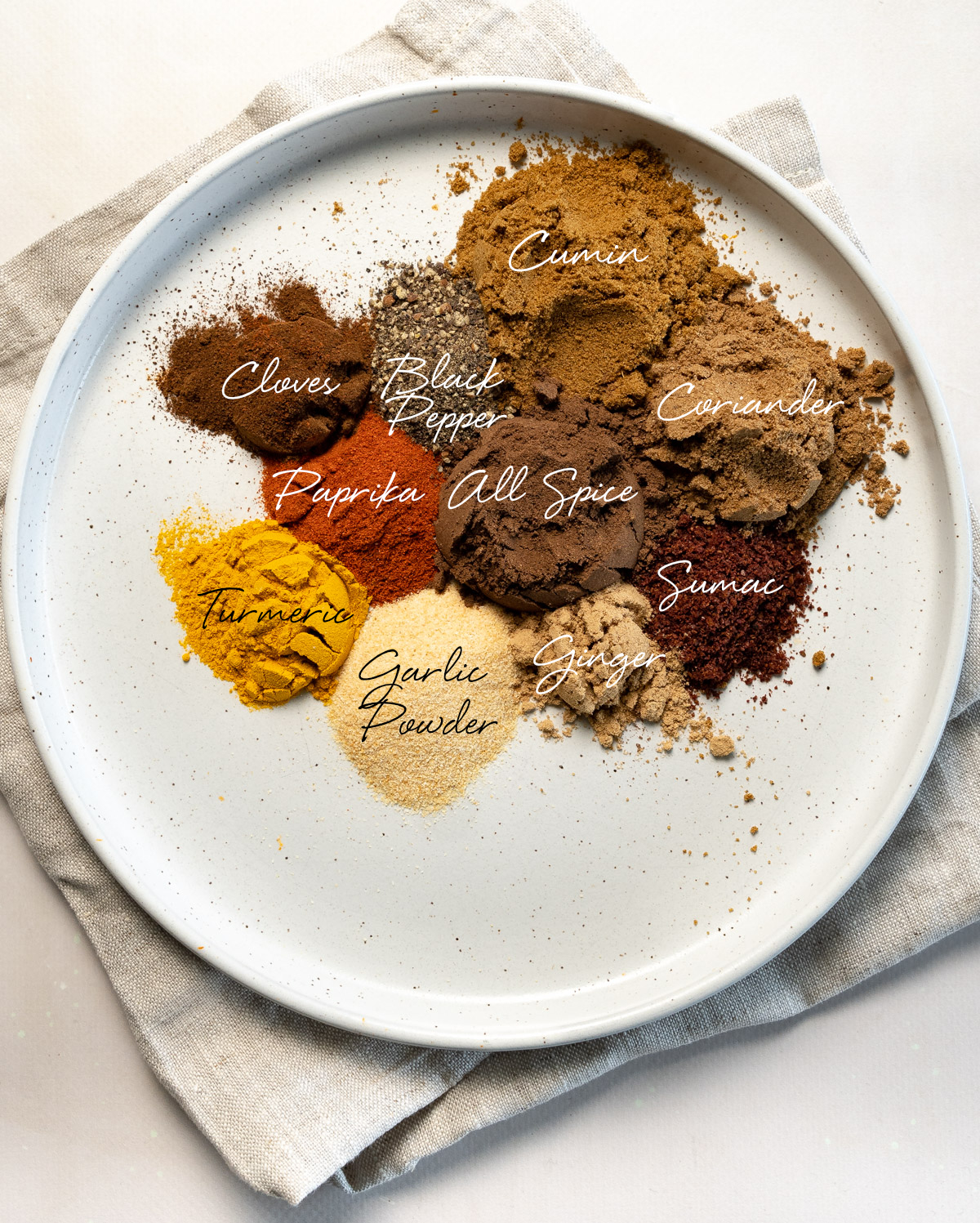 10 different spices laid out on a white plate