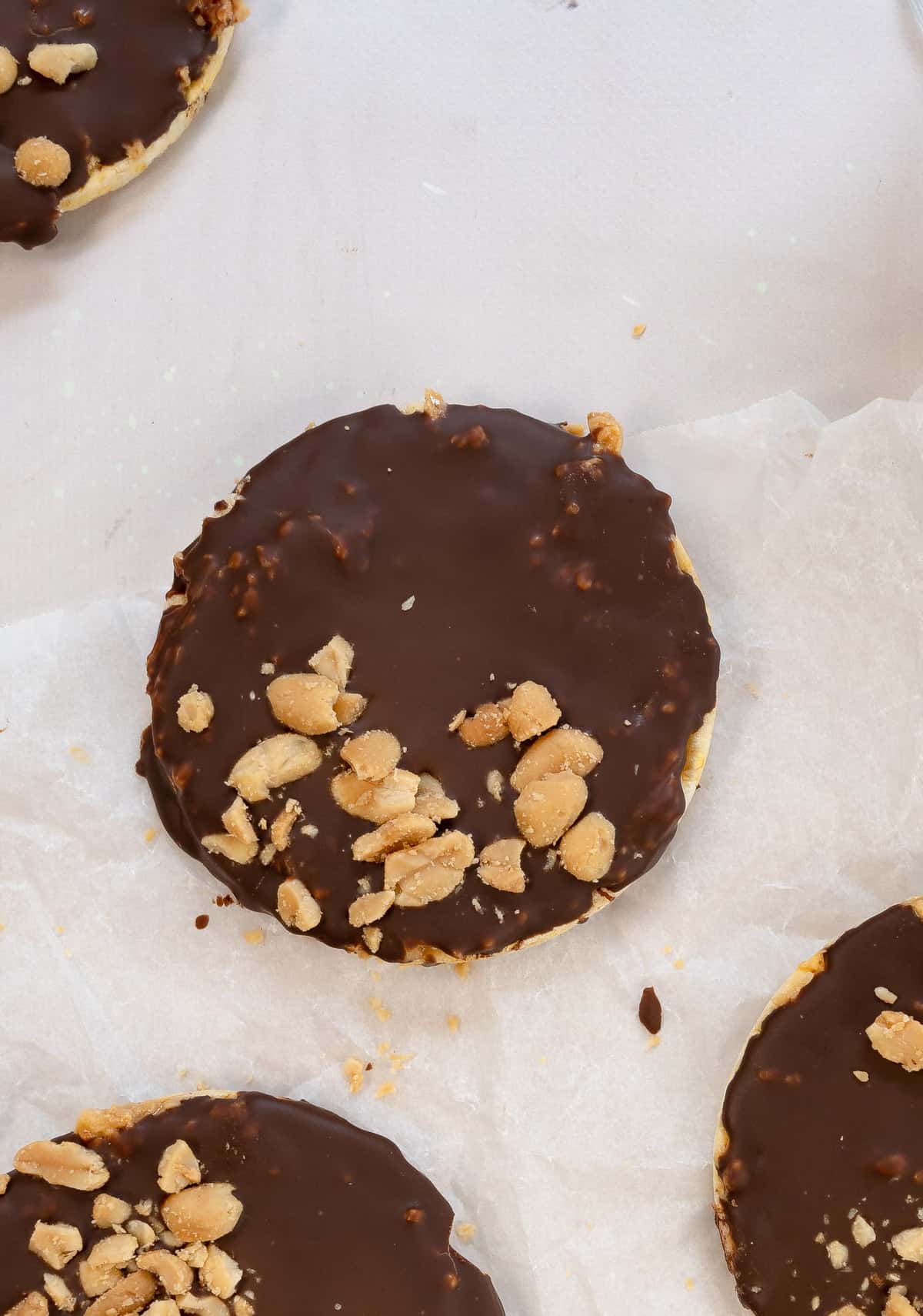 a chocolate covered rice cake topped with peanuts