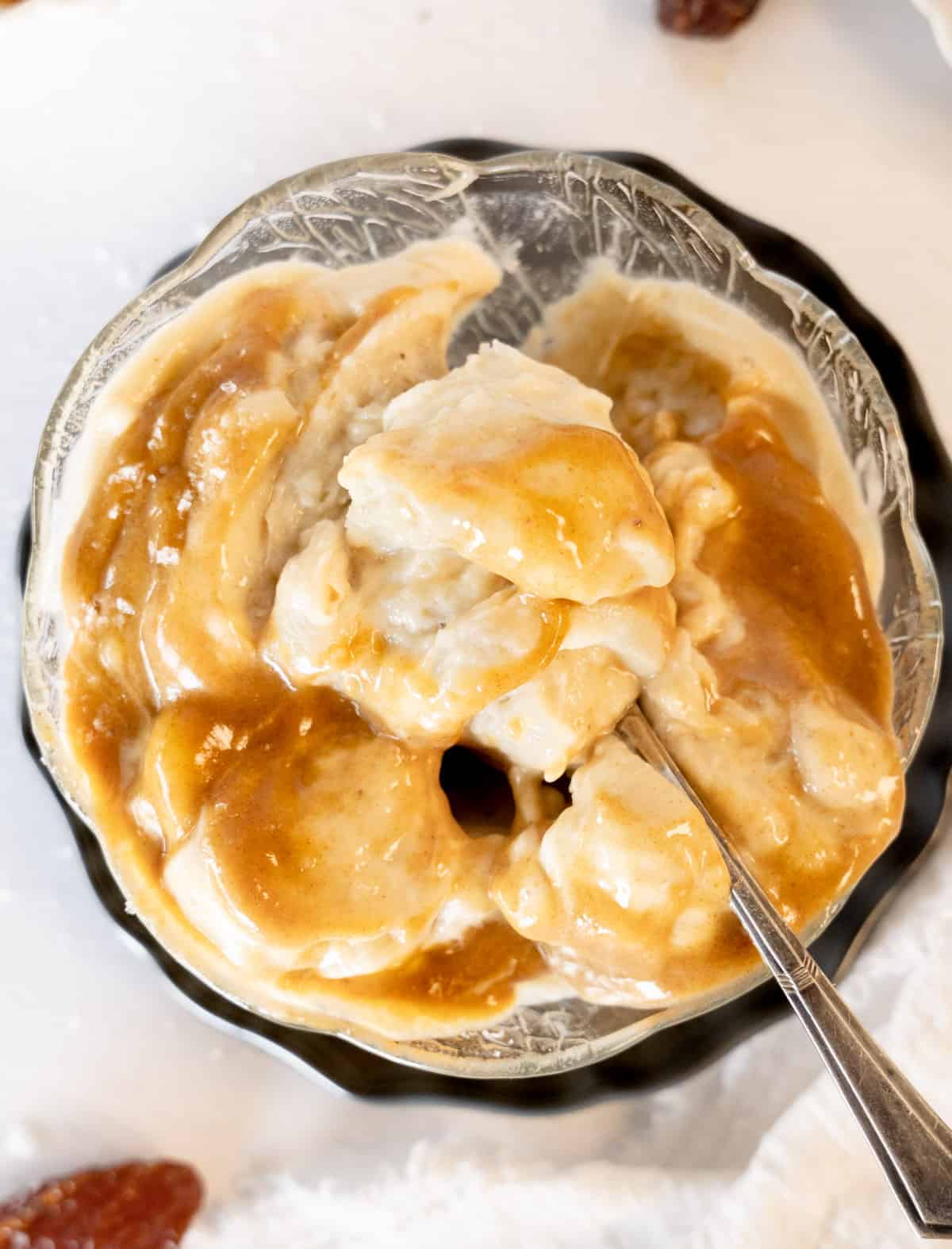 ice cream topped with caramel sauce