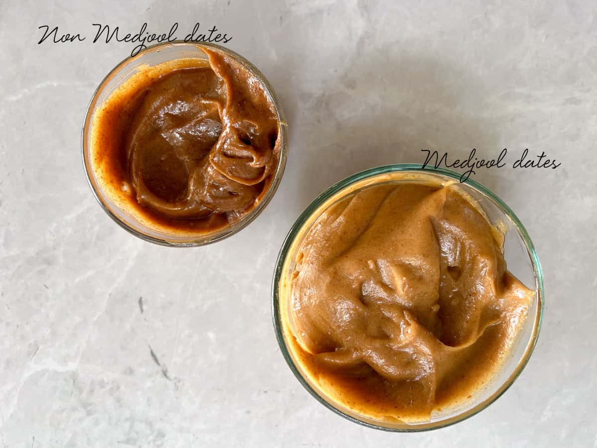 two bowls of date caramel sauce one darker than the other