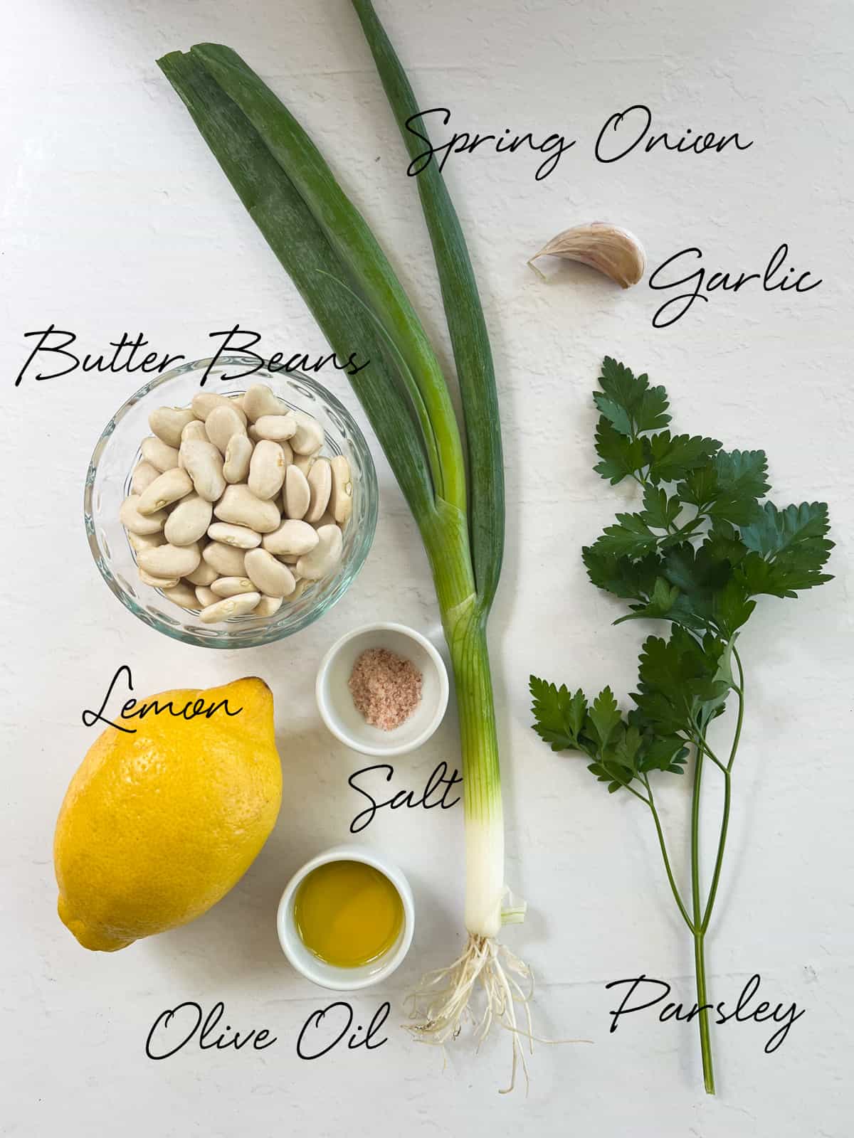 spring onion, parsley, oil, lemon, white beans, garlic clove and salt on a white bench