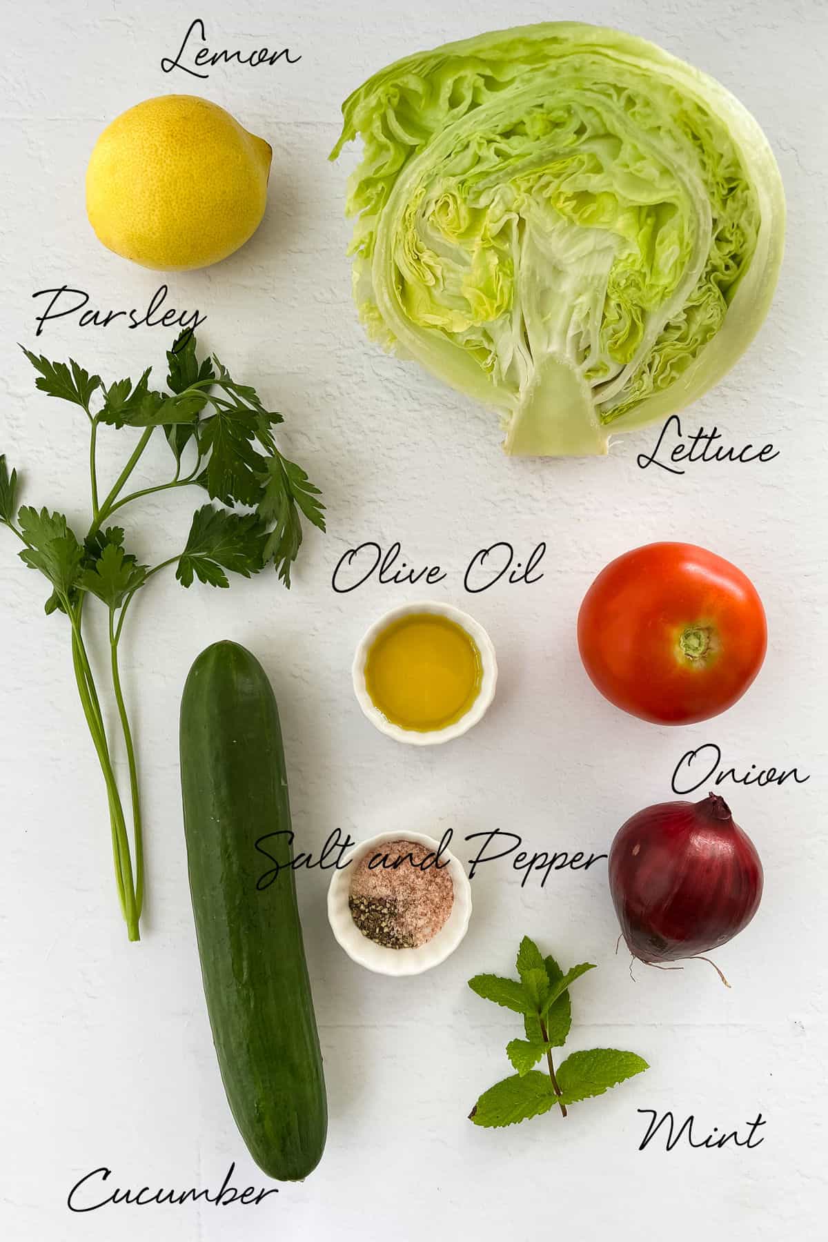 lettuce, tomato, lemon, onion, oil, parsley, cucumber and mint laid out on a white bench