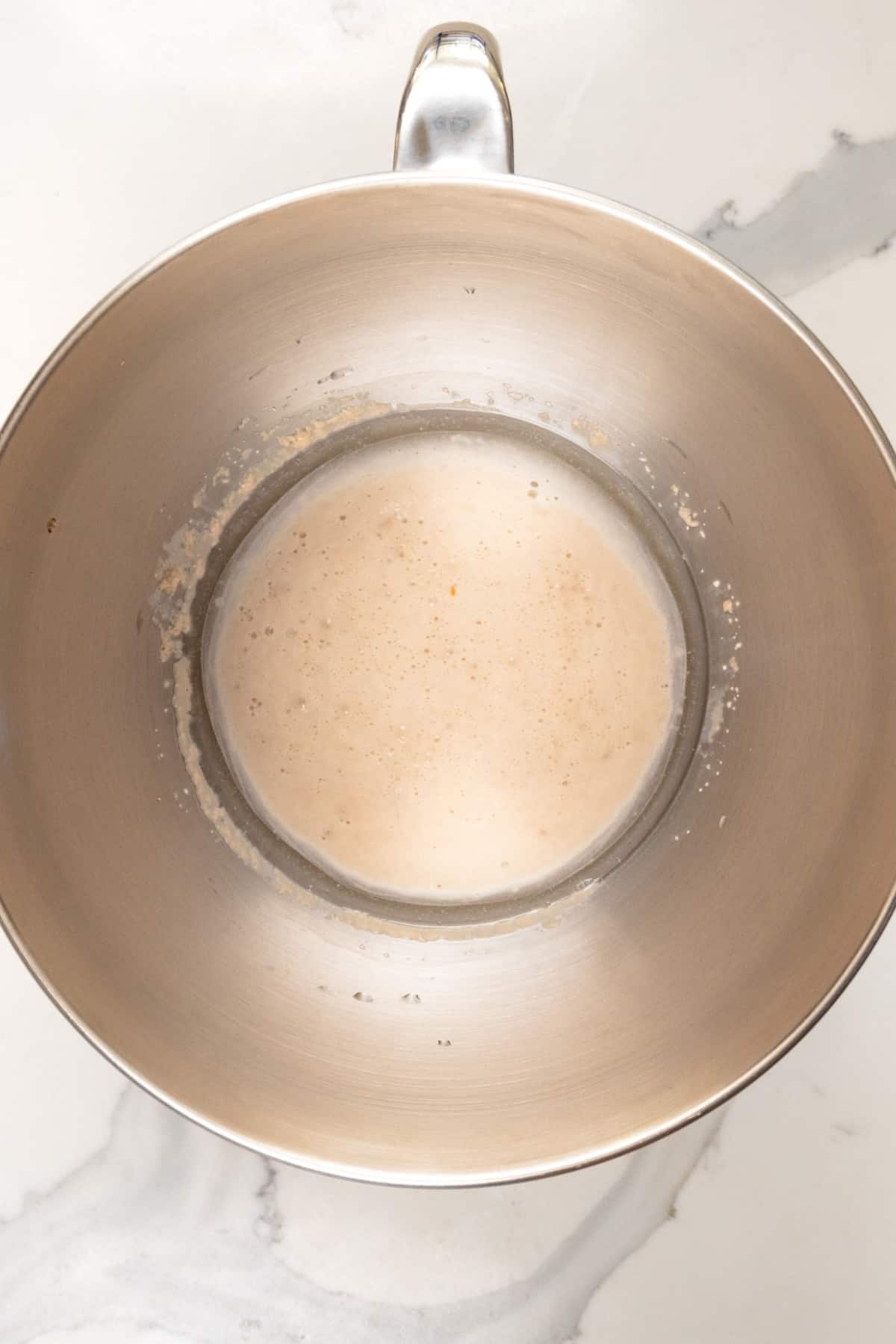frothy yeast water in a silver bowl