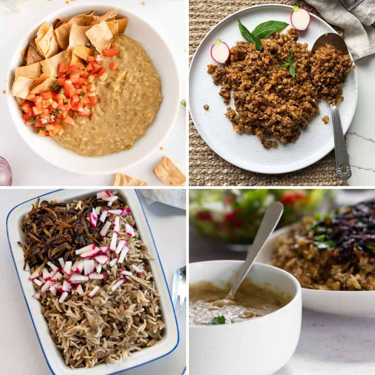 a square collage of different types of mujadara lentil and rice dishes