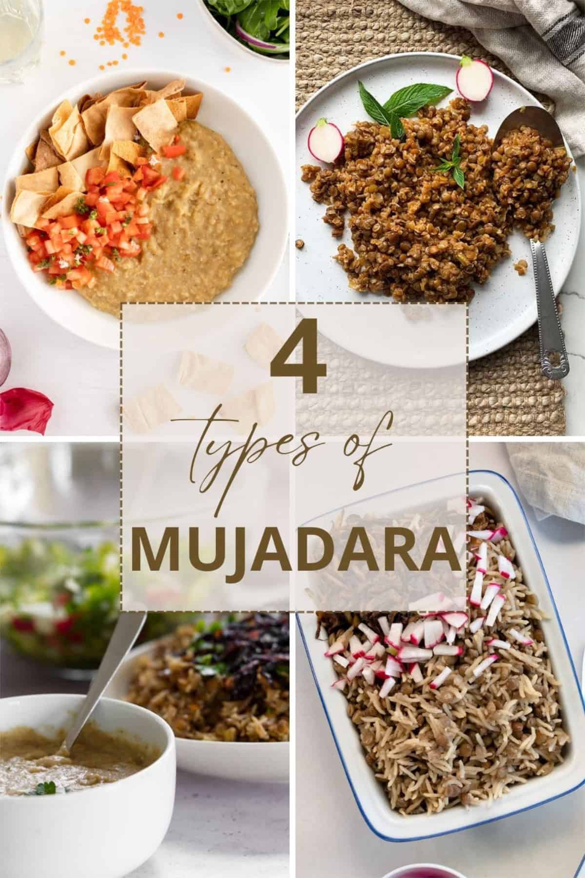 a collage of 4 different types of mujadara lentil dishes