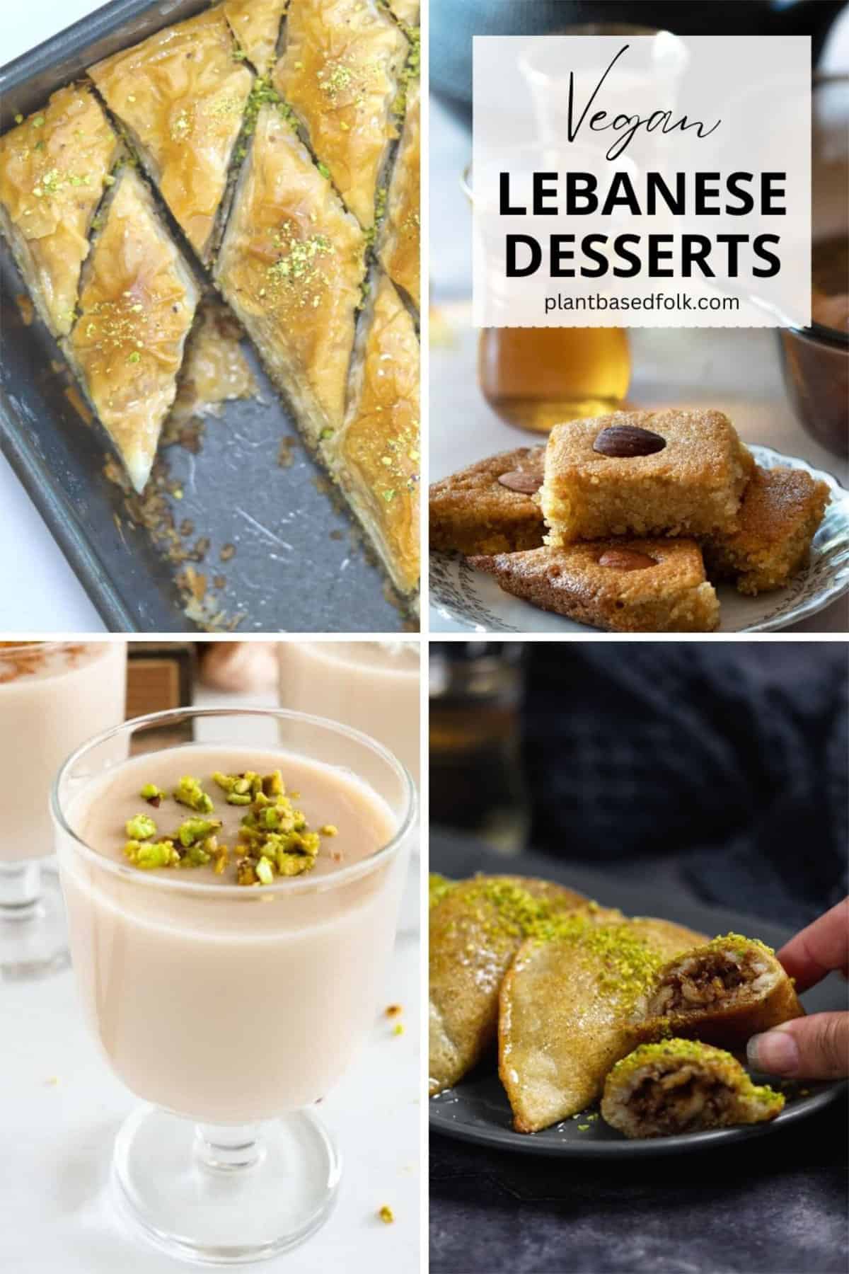 a collage of four different Lebanese desserts, including a tray of baklawa, flat cake, white pudding and stuffed pancakes
