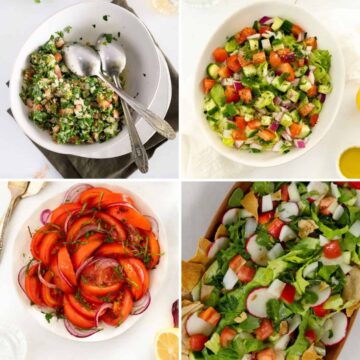a collage of four different salads
