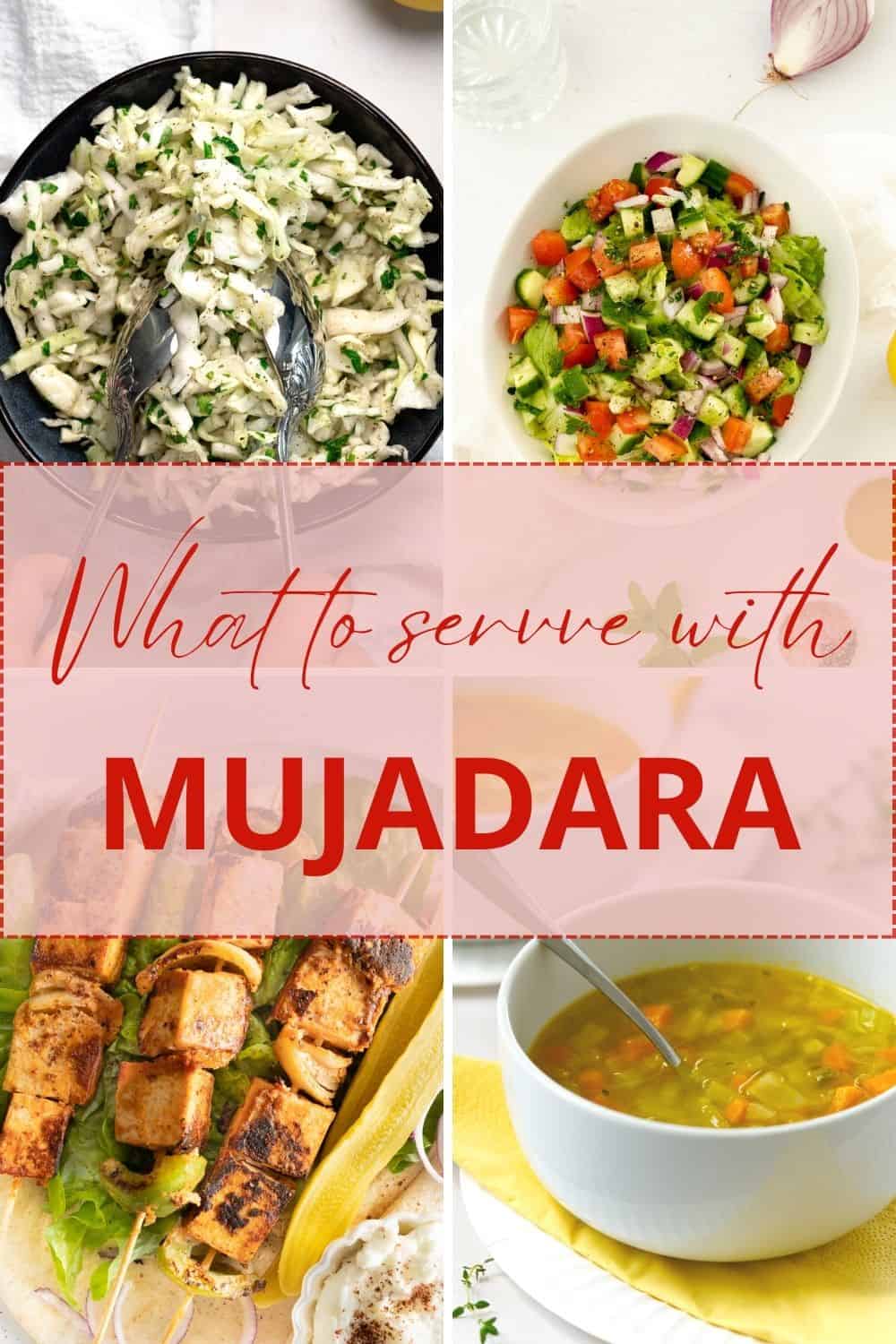 a collage of different salads, soups and tofu skewers