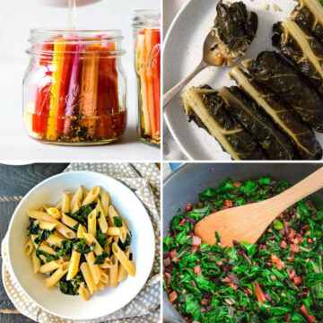 a square collage of different types of meals using swiss chard, including pickled stems in a glass jar, rolls, a white bowl of pasta and sauteed greens in a pot