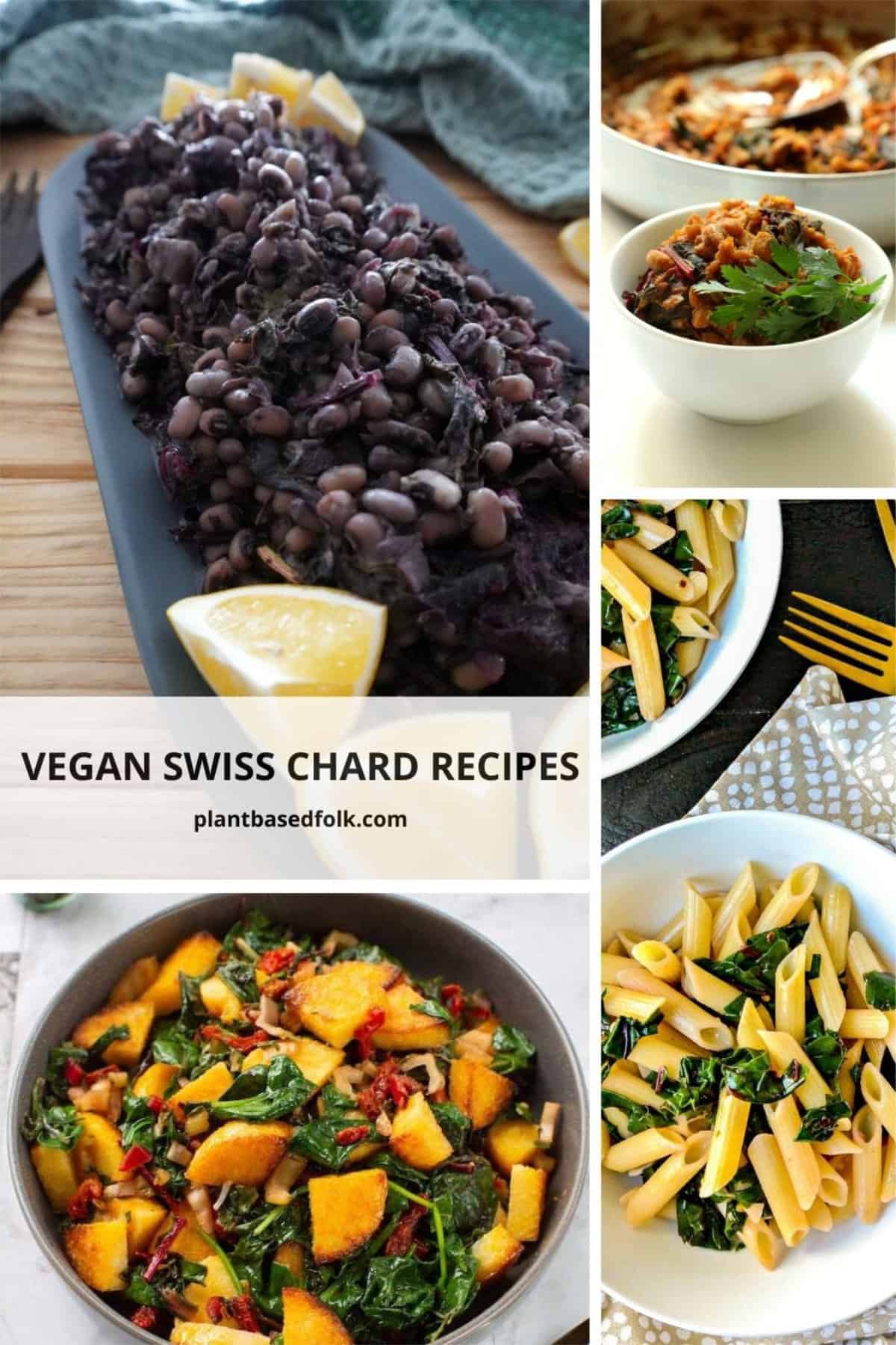 a photo collage of four different swiss chard meals, one with beans, pasta, polenta and a curry