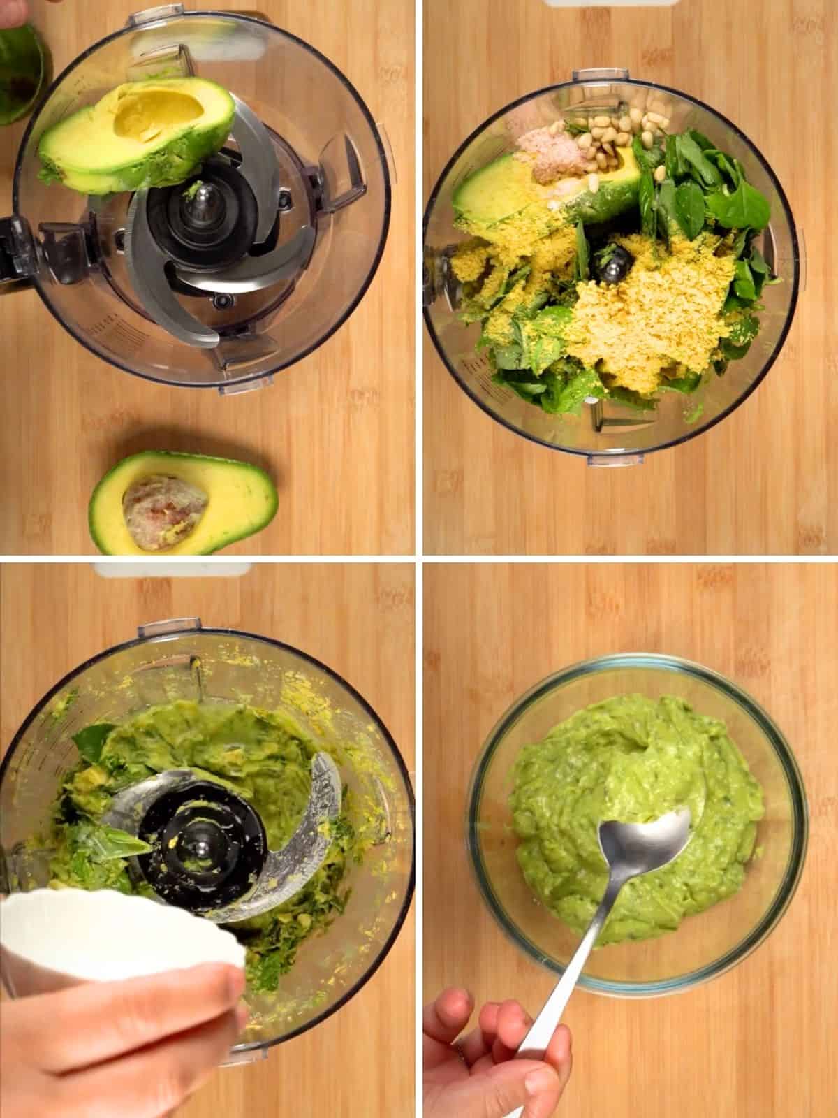 a collage of making avocado basil pesto in a food processor